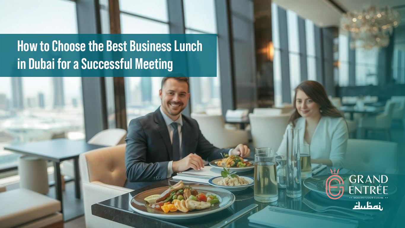  Professional business lunch setting in Dubai with elegant ambiance and diverse menu options