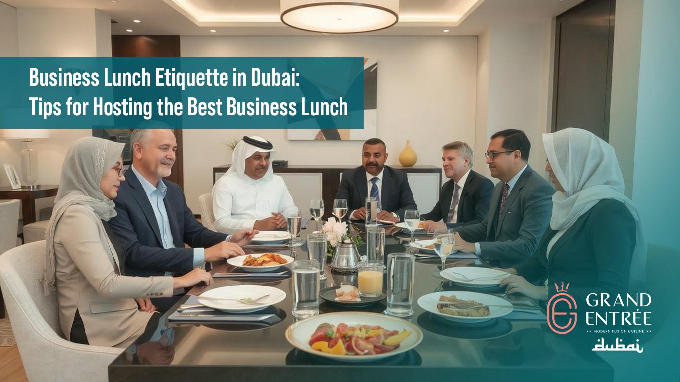 Professional business lunch in Dubai with elegant table setting and corporate professionals dining