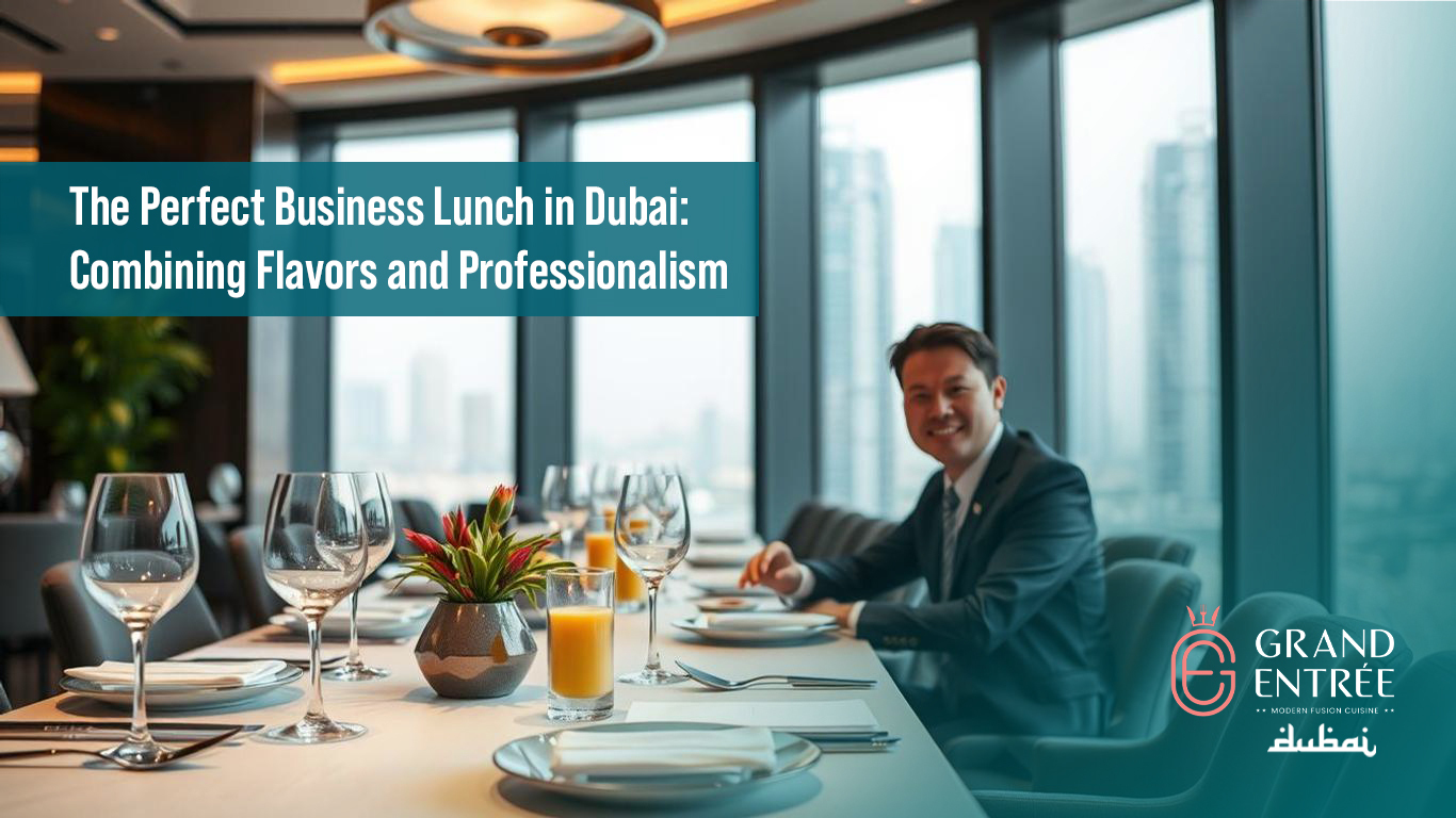 An elegant business lunch setting at Grand Entree in Dubai featuring a professional dining atmosphere with fine dining essentials