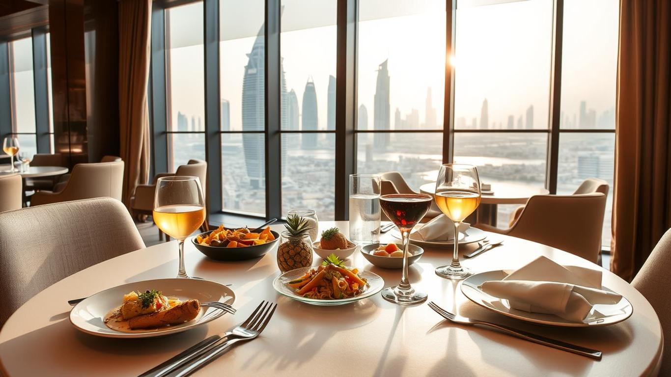 Business lunch setup at Grand Entrée in Dubai with professional ambience and gourmet dishes